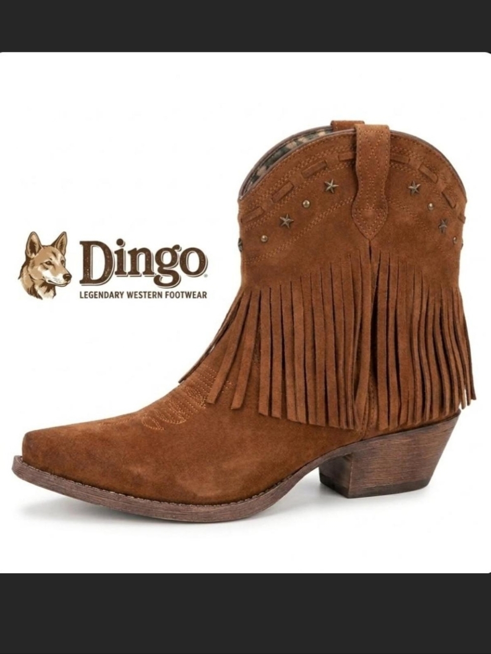 Dingo Brown Suede Fringe Star Stud Western Ankle Booties
